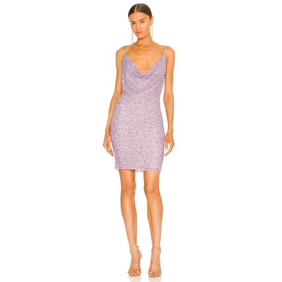 Retrofete Mindi Sequin Mini Dress Cowl Neck Sexy Party Cocktail Evening Lilac MD - Picture 2 of 10